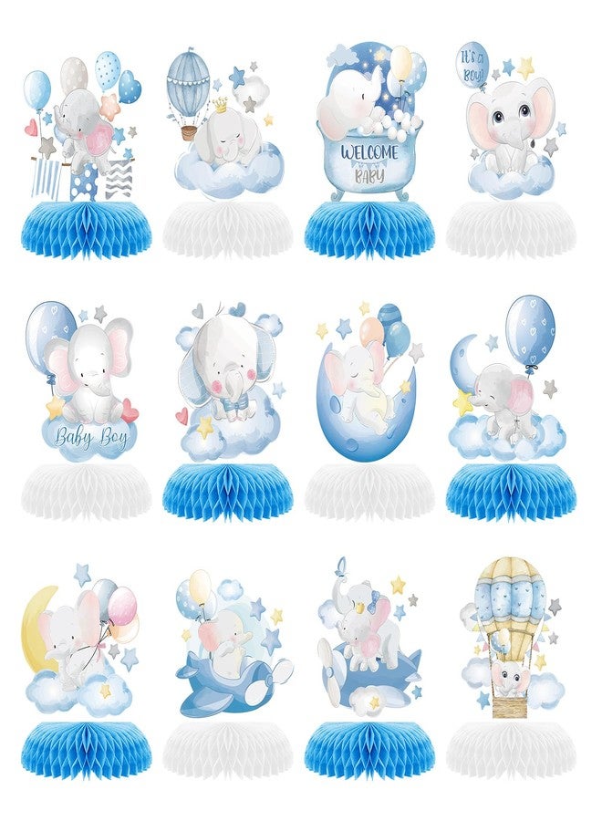 ZCPTZ 12 Pcs Blue Elephant Honeycomb Centerpieces Moon Star Balloons Elephant Theme Party Topper It’s A Boy 3D Baby Shower Honeycomb Table Decorations for Birtaday Wedding Shower Party Supplies - Image 1